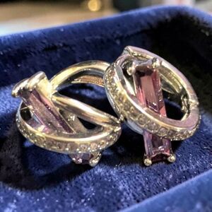 Purple Baguette Crystal Hoop Earrings Gold Tone Halo Lilac Dainty Jewelry